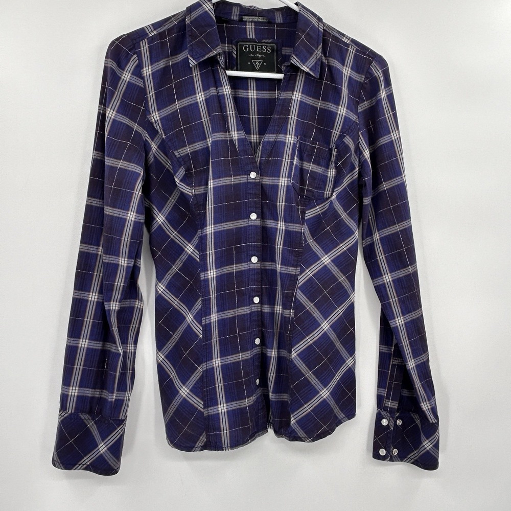 Guess Y2K Womens Pearl Snap Shirt Size Small Blue Plaid Long Sleeve Western 90s - Picture 1 of 7